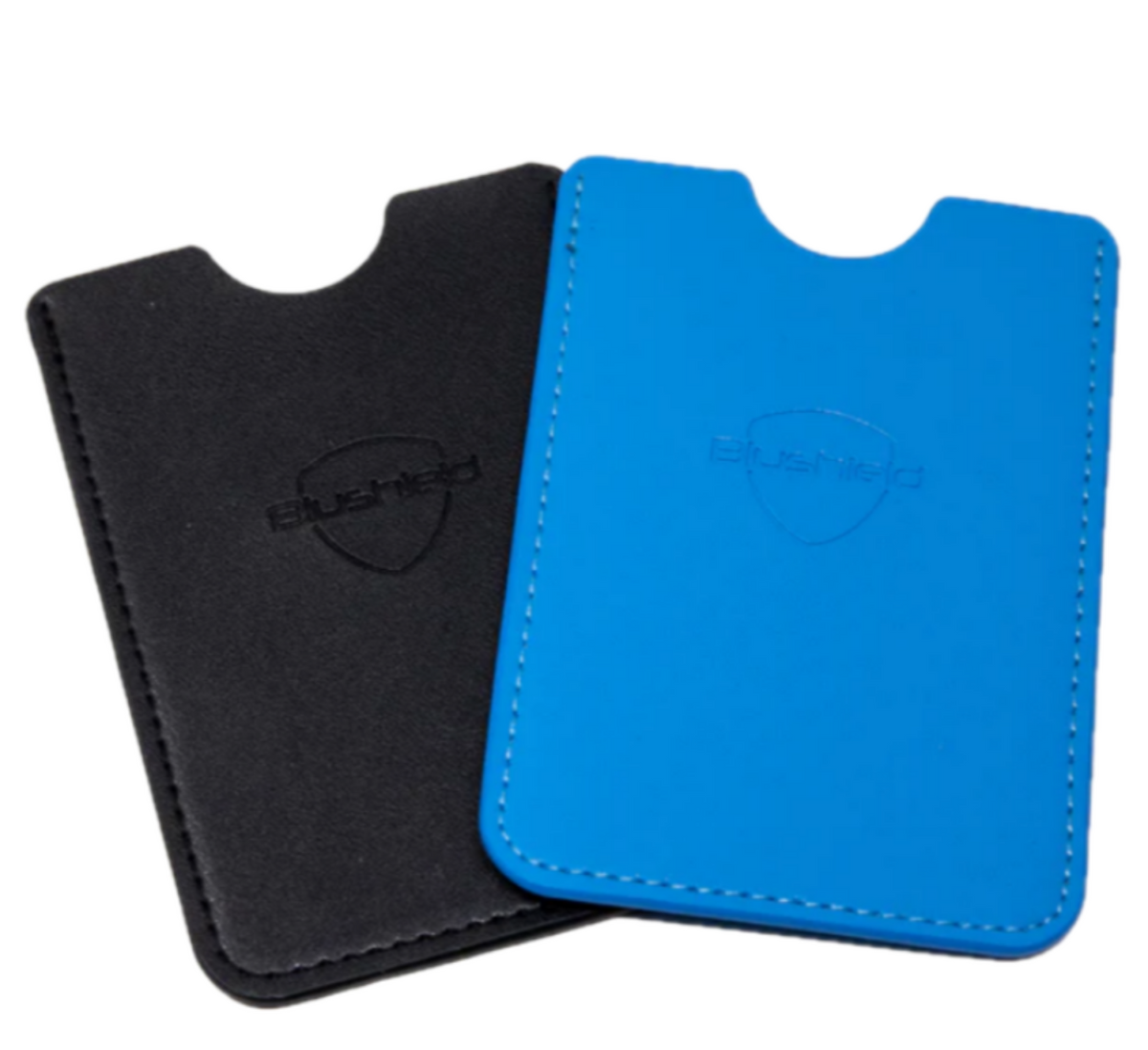 Black and blue Blushield Portable pouches with a brand logo on a white background