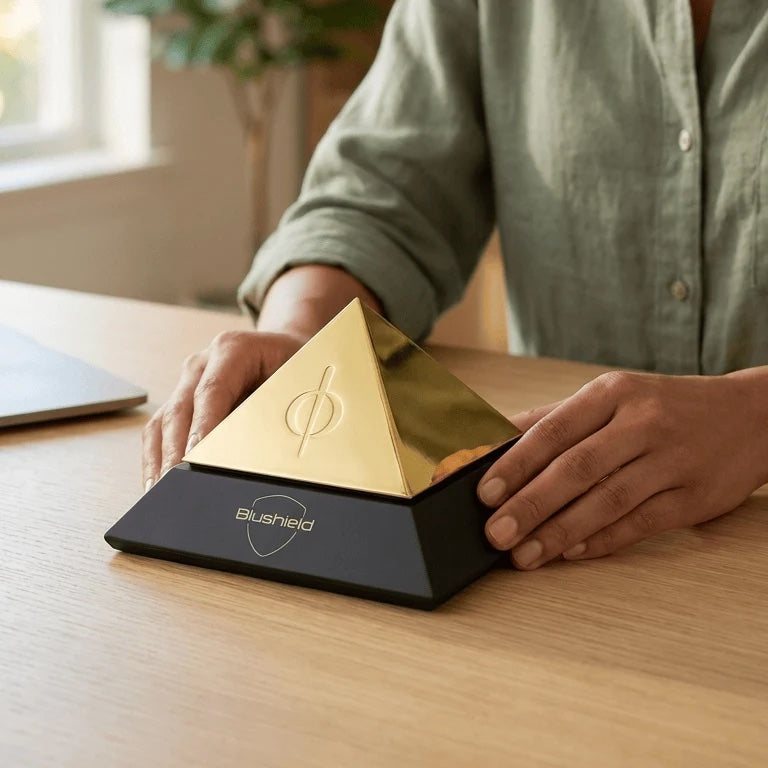 A person seated at a wooden desk holds a gold Blushield pyramid. The scene is softly lit with a blurred indoor background.