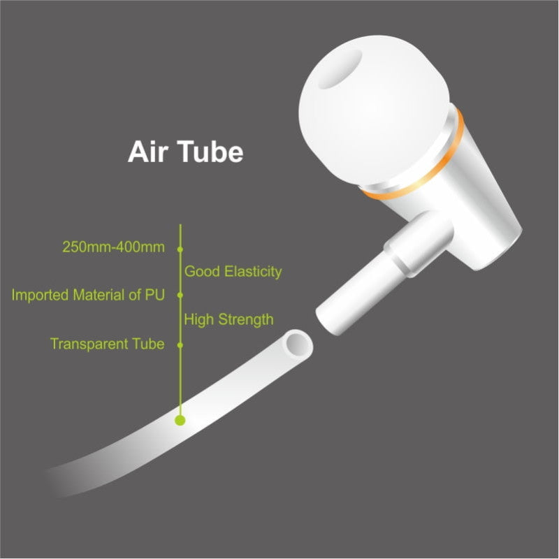 Low Radiation Mono AirTube Headset. White air tube with text on a gray background