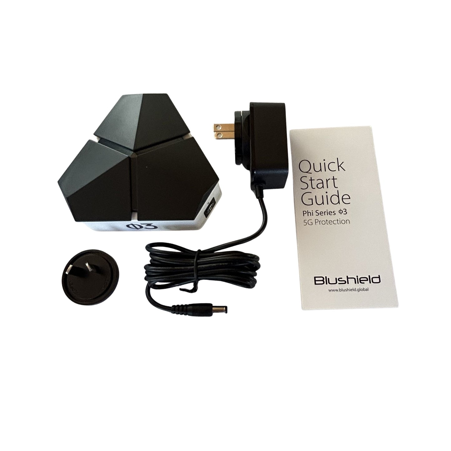 Blushield Phi 03 device with accessories and a quick start guide on a white background